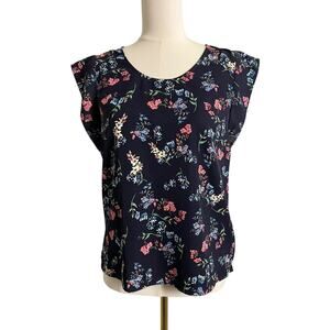 Express Blouse Womens Small Black Floral Scoop Neck Cap Sleeve Lightweight Top